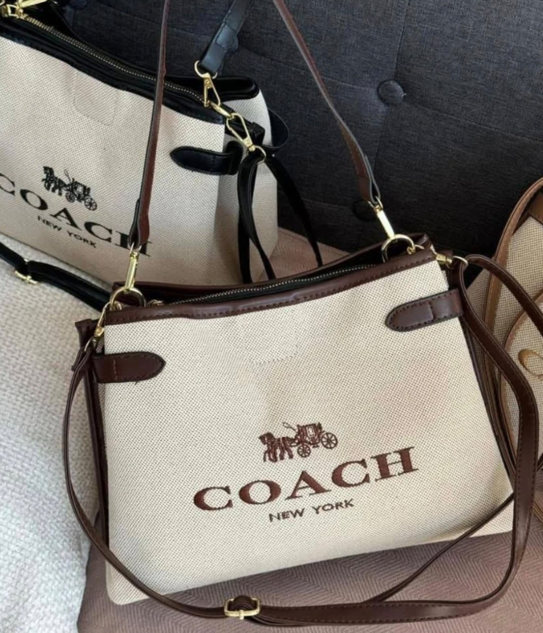 Sac cabas Coach en toile beige et cuir marron