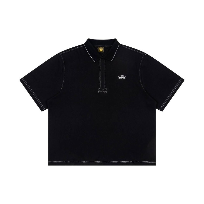 Polo Corteiz noir à surpiqûres blanches