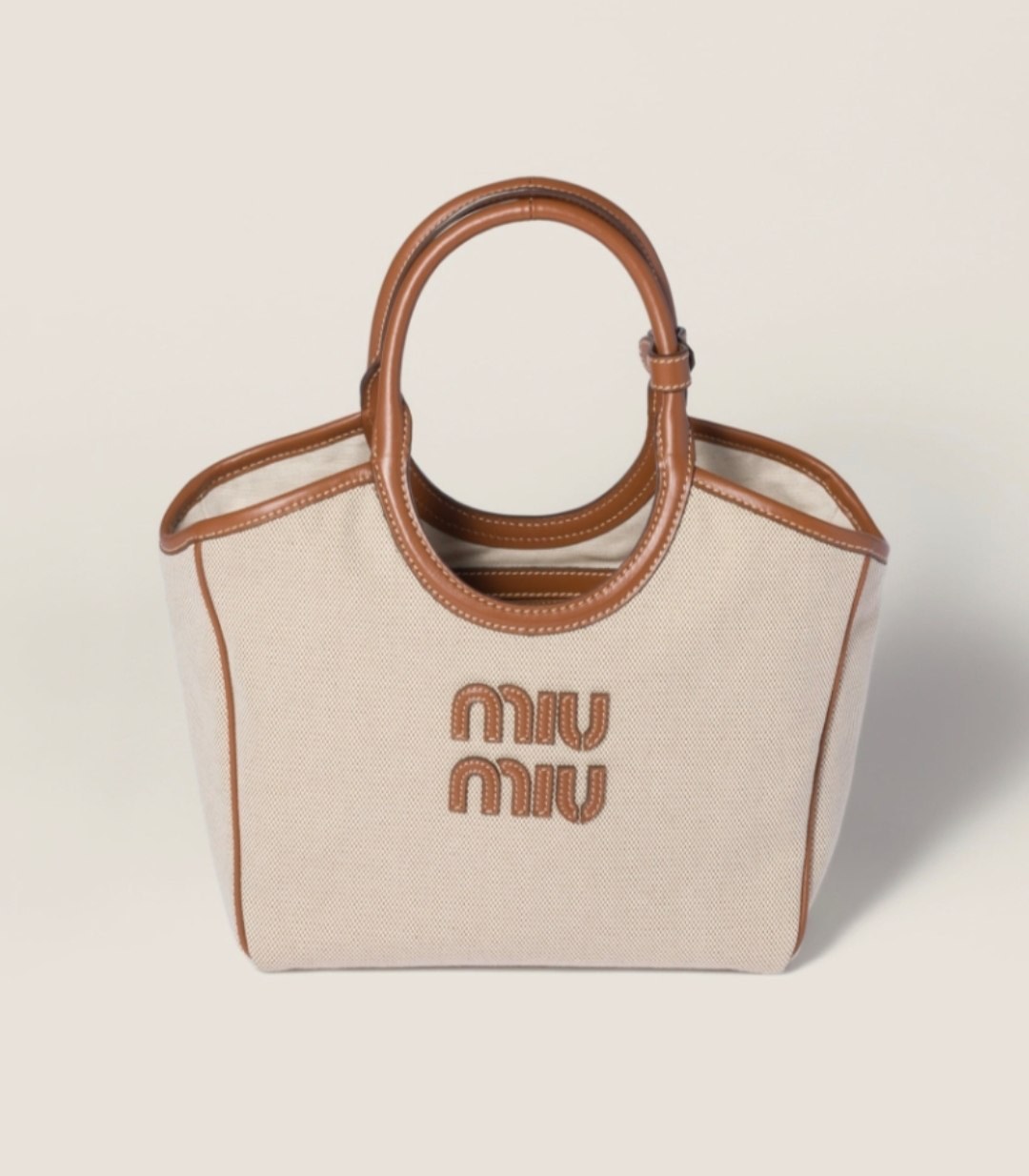 Sac cabas Miu Miu en toile beige et cuir marron