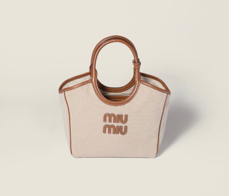 Petit sac cabas Miu Miu en toile et cuir marron
