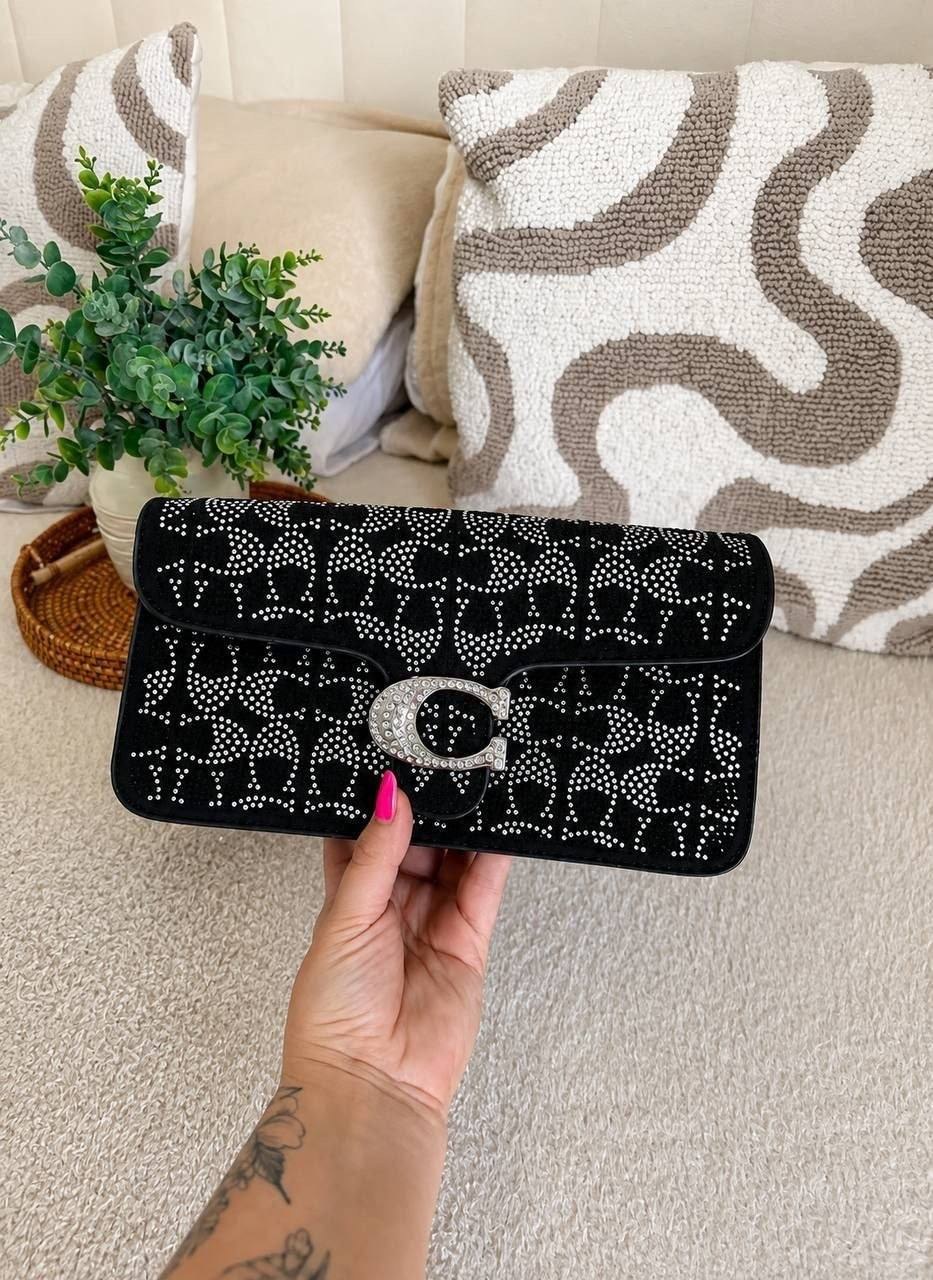 Sac pochette Coach Tabby noir en suède et strass