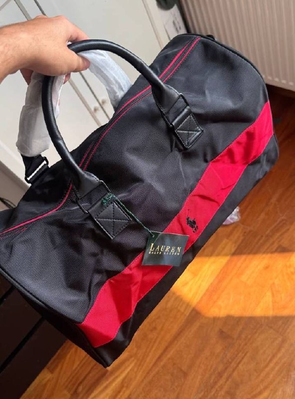Sac polochon Ralph Lauren noir à bande rouge