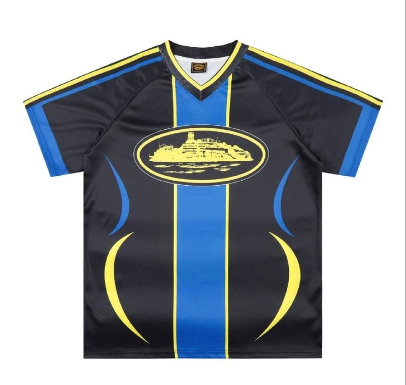 Maillot Corteiz noir à bandes bleu et jaune