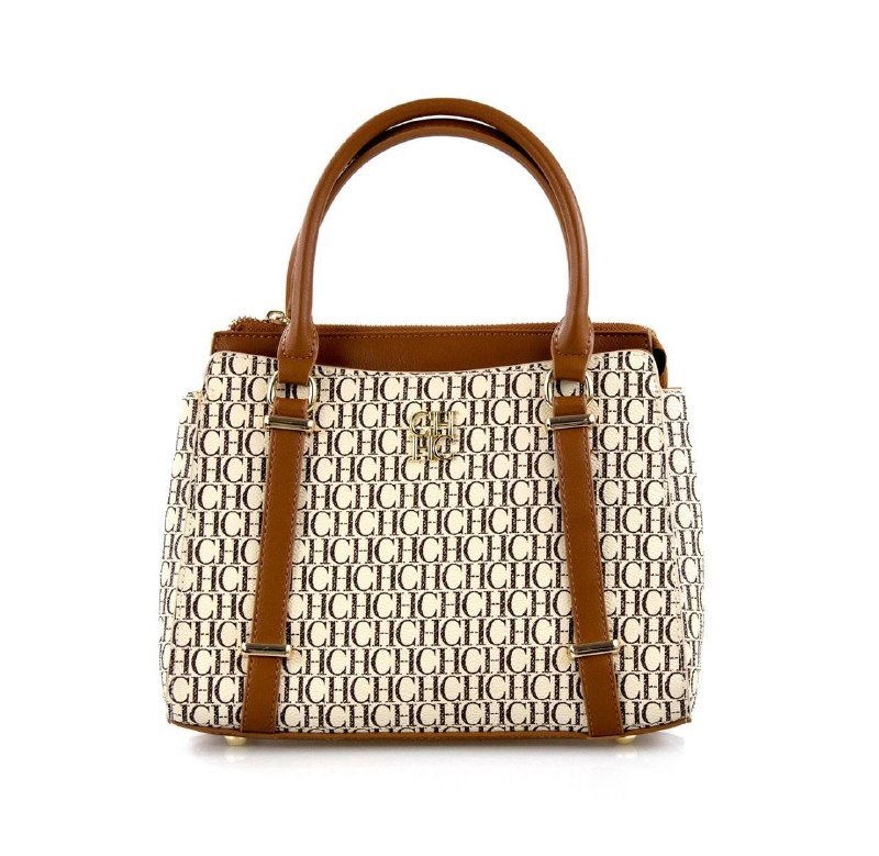 Sac à main Carolina Herrera monogramme beige et camel