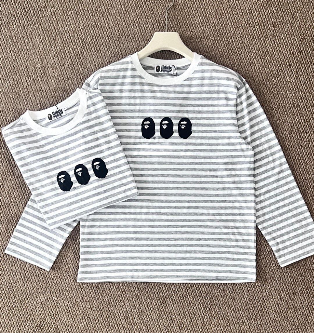 T-shirts manches longues Bape rayés gris et blanc