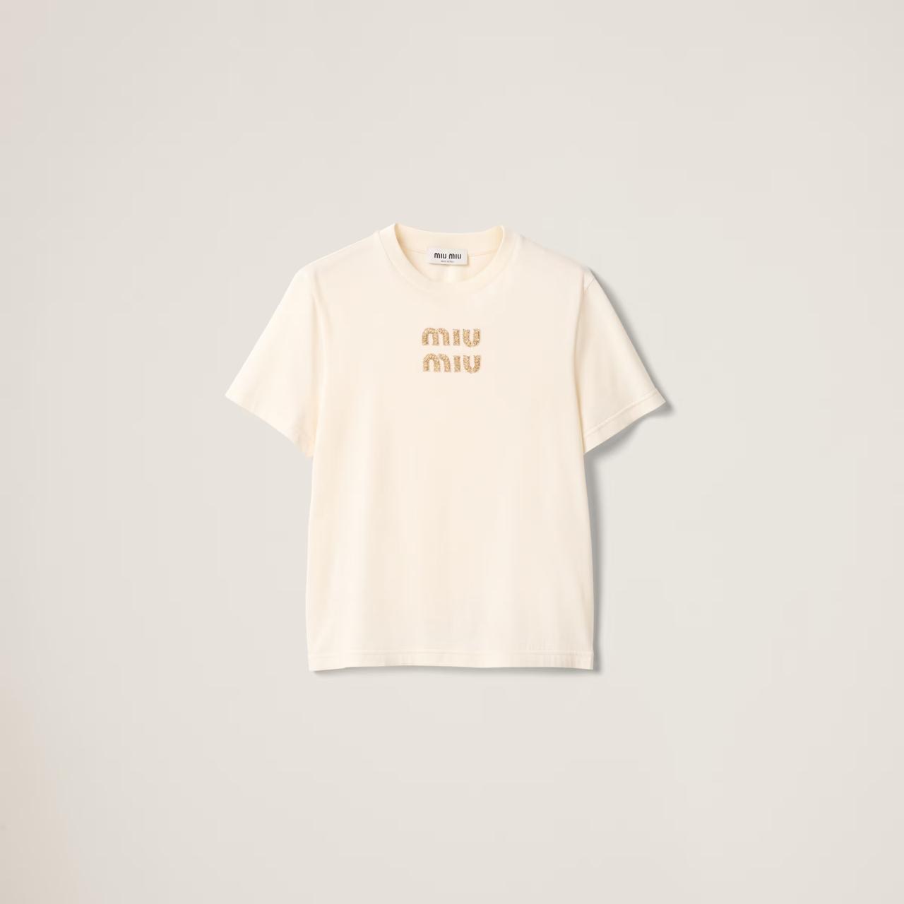 T-shirt Miu Miu brodé écru en jersey de coton