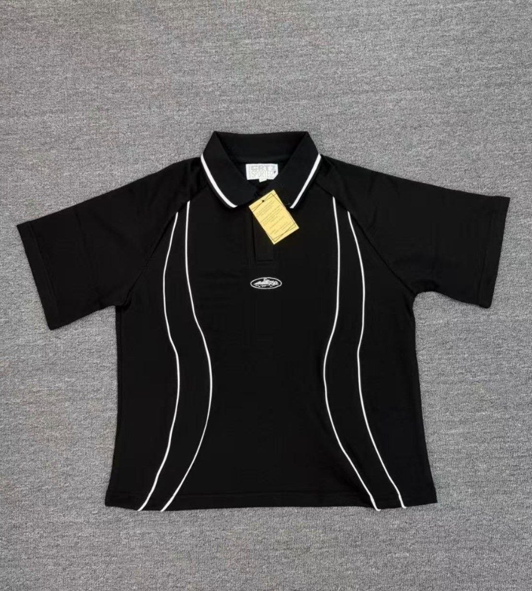 Polo de sport Corteiz noir à liserés blancs