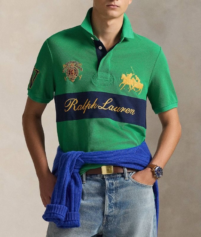 Polo Ralph Lauren vert à bande bleue et broderies