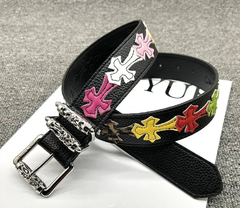 Ceinture Chrome Hearts cuir noir croix colorées