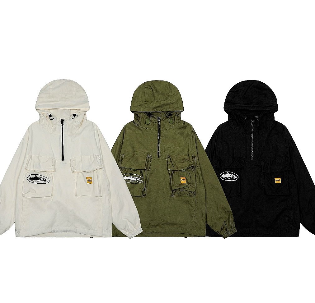 Anorak à capuche demi-zip multipoches cargo