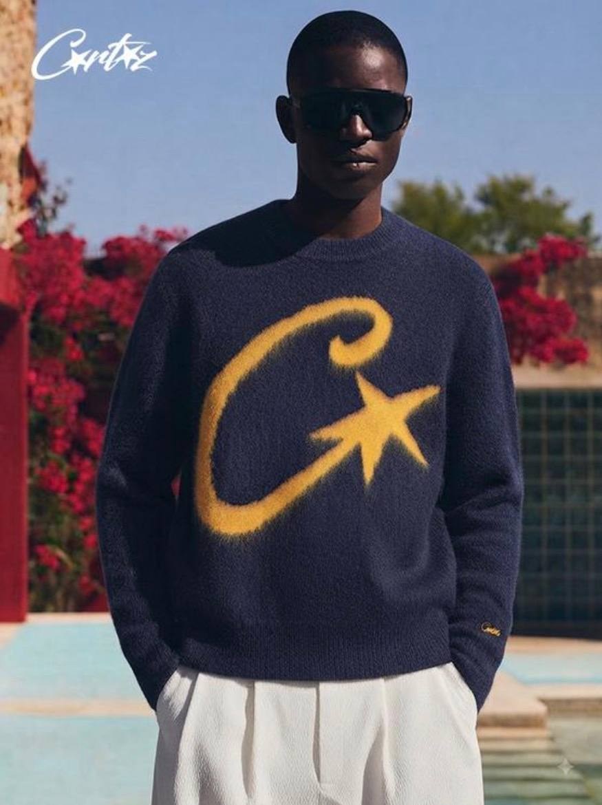 Pull en maille Corteiz bleu marine et jaune