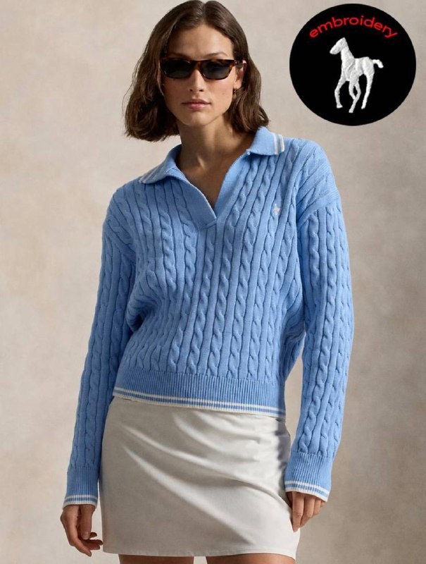 Pull col polo Ralph Lauren en maille torsadée bleue
