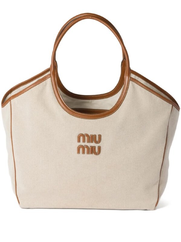 Sac cabas Miu Miu en toile beige et cuir marron