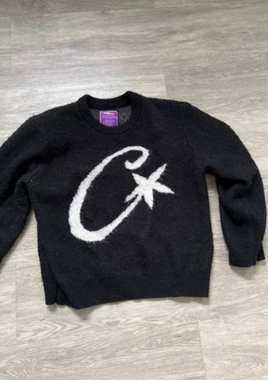 Pull en maille duveteuse Corteiz noir à logo blanc