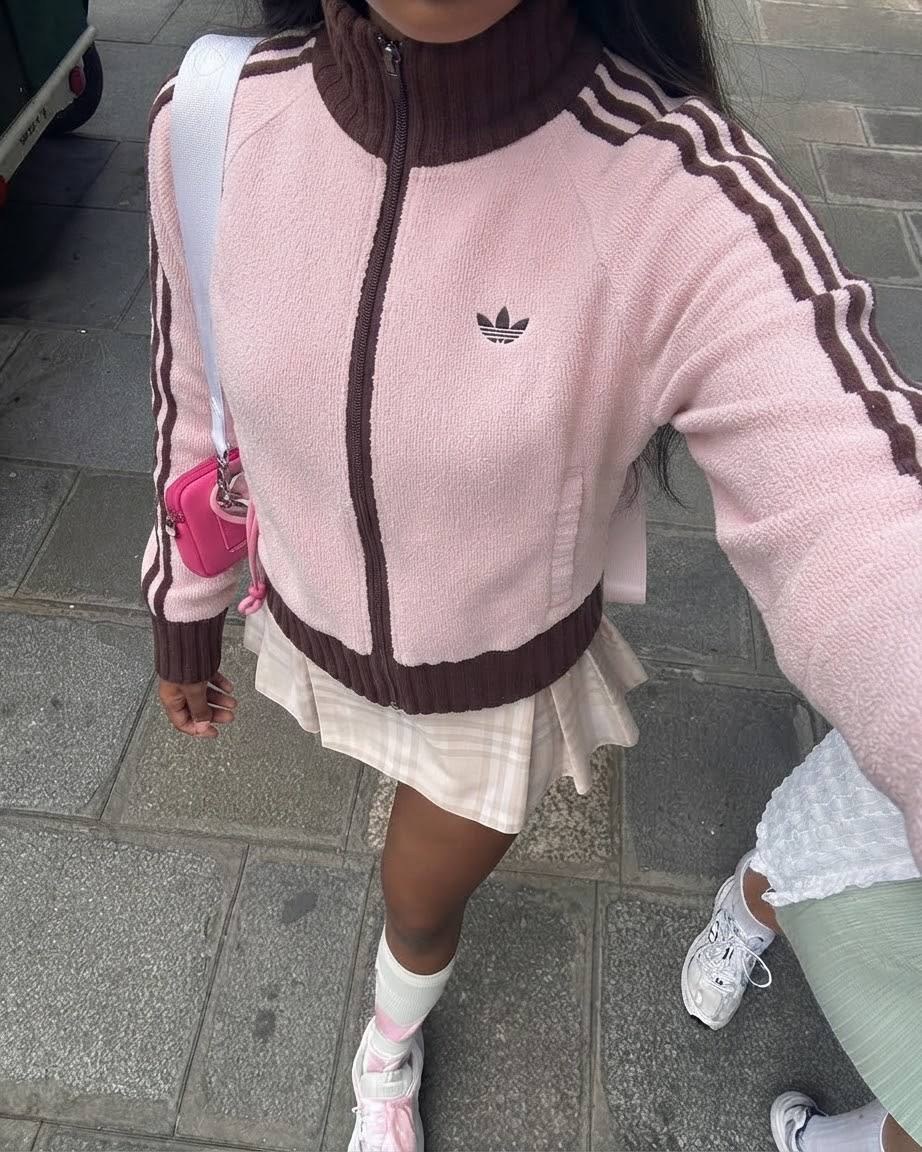 Veste zippée Adidas en molleton rose et marron