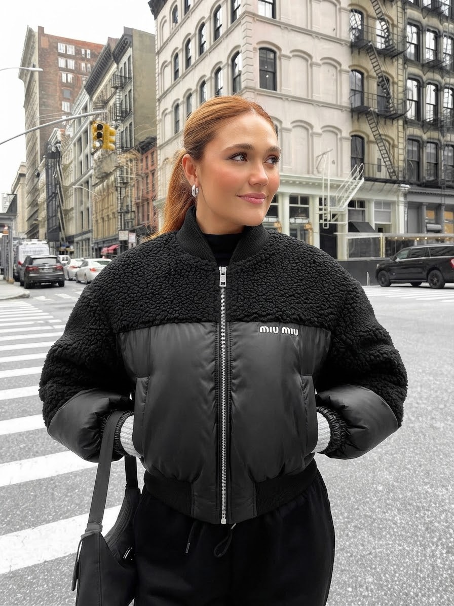 Blouson bomber Miu Miu bi-matière effet mouton noir