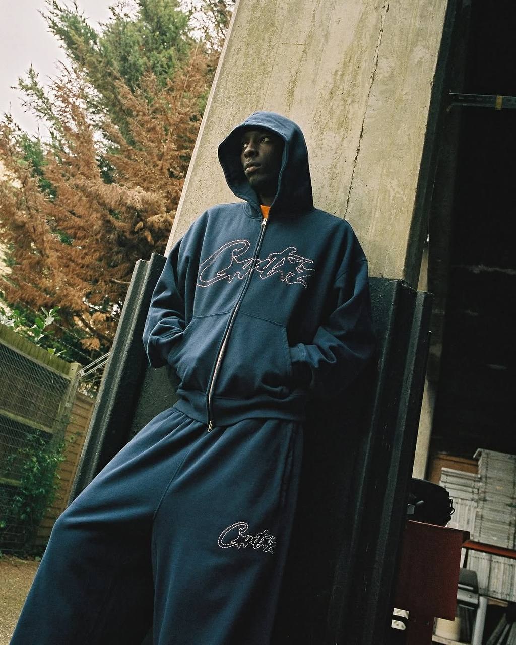 Survêtement Corteiz zippé bleu marine à strass